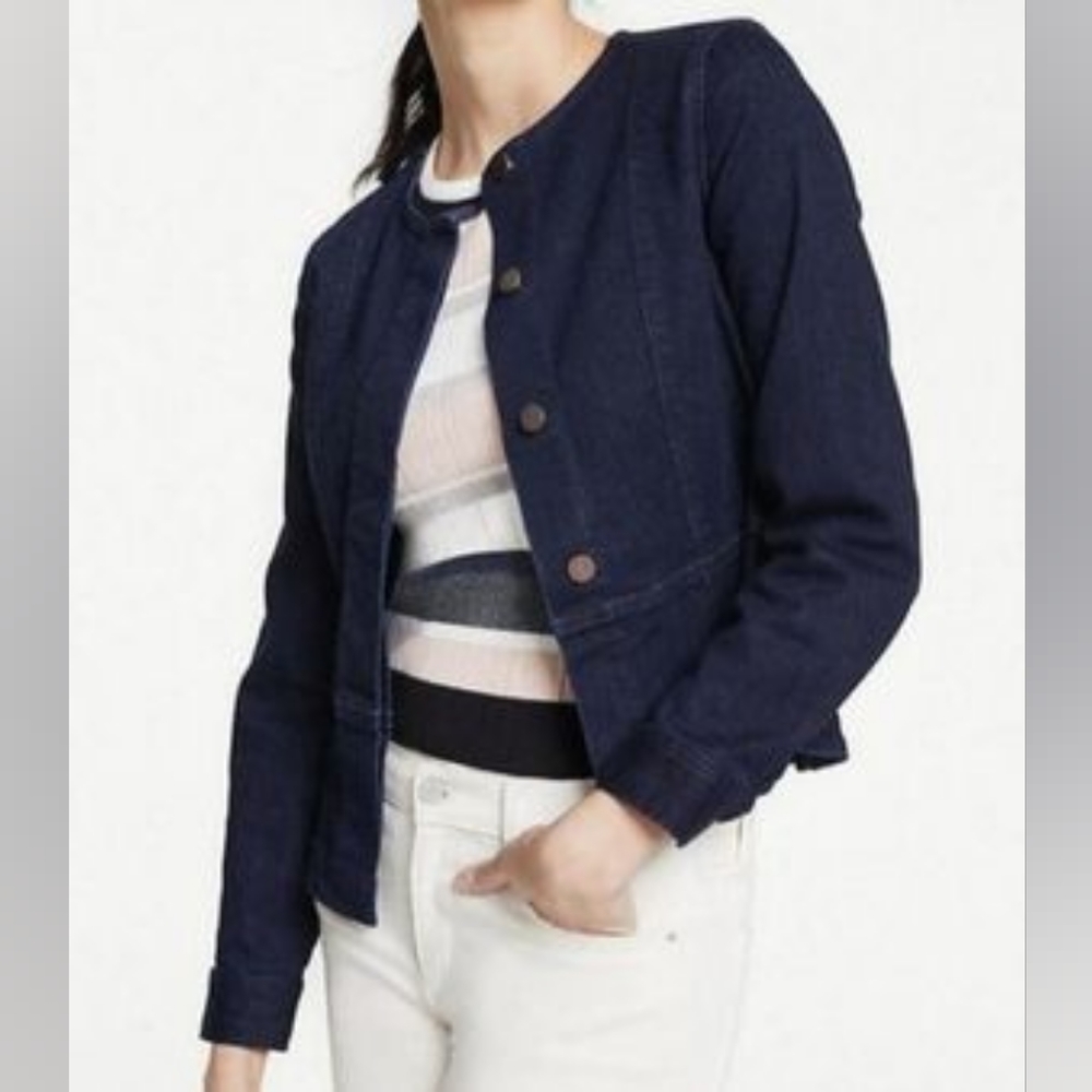 ANN TAYLOR Navy Blue Stretch Denim Collarless Jacket With Peplum Size M